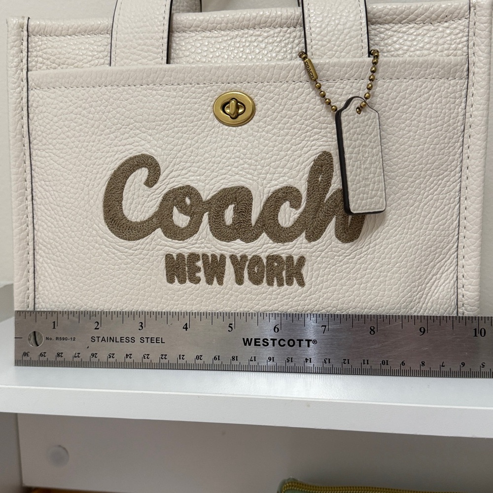 Coach White Pebbled Leather Tote with Taupe Logo and Trim - Picture 10 of 12